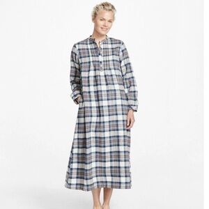 LL Bean Night Shirt Gown Scotch Plaid Flannel Cotton Pockets Navy White Medium